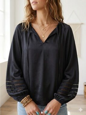 Parker Black Silk Balloon Sleeve Peasant Blouse - Small